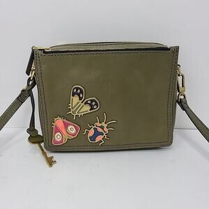 Fossil Campbell Crossbody Bag Purse Olive Green Cowhide Leather Insect Bug 3 Zip